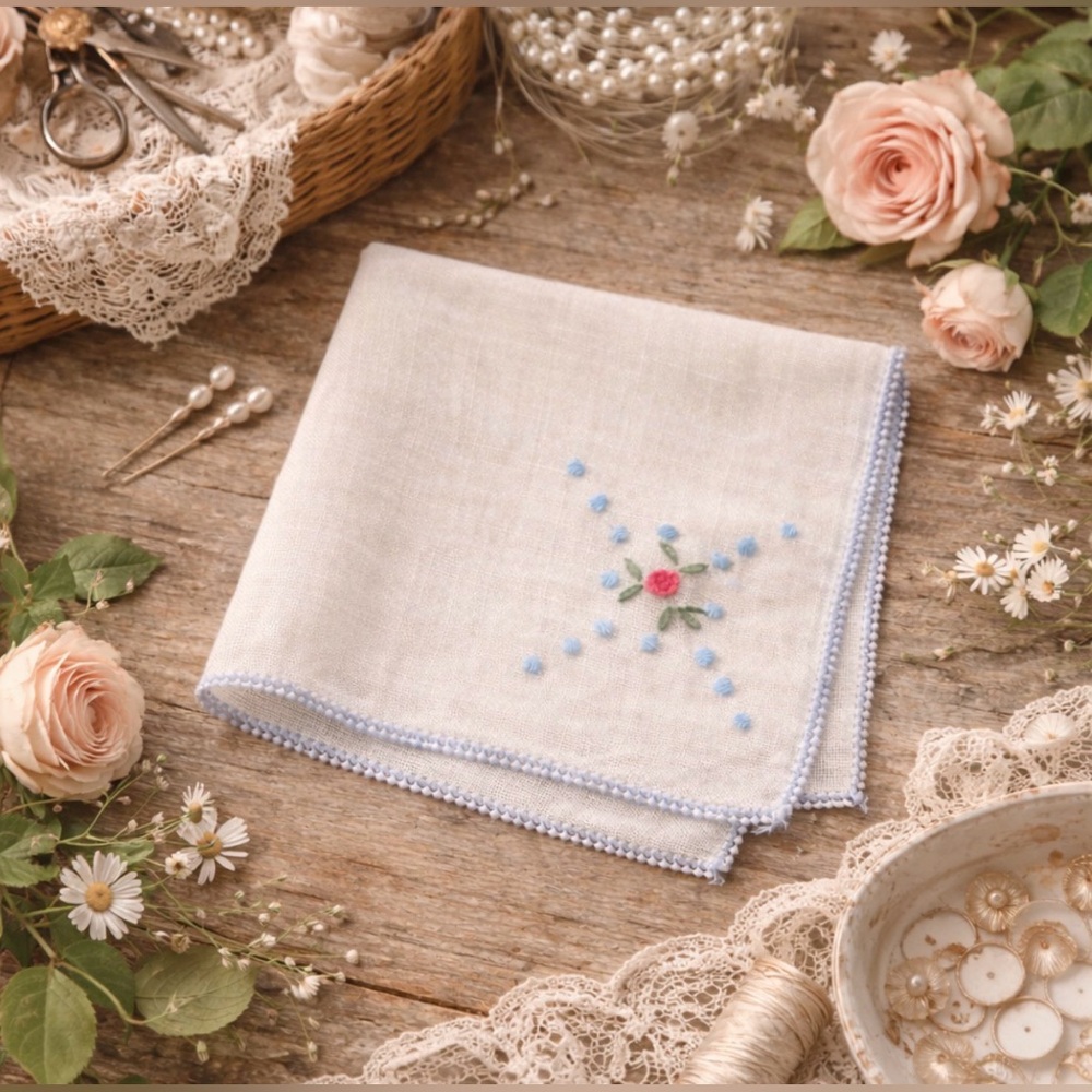 Vintage 1950s–60s Hand Embroidered Handkerchief Dainty Blue Floral Hanky